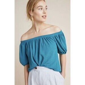 Anthropologie XS Elodie Off Shoulder Puff Sleeve Top Aqua/Teal Blue Coastal Boho